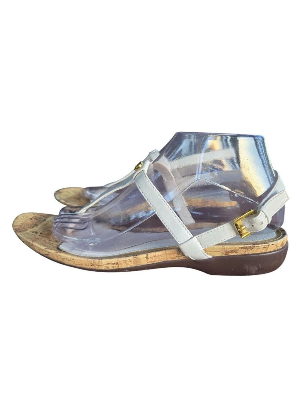 Lauren Ralph Lauren White T-strap Thong Gold-Tone Buckle Strap Cork Sandals